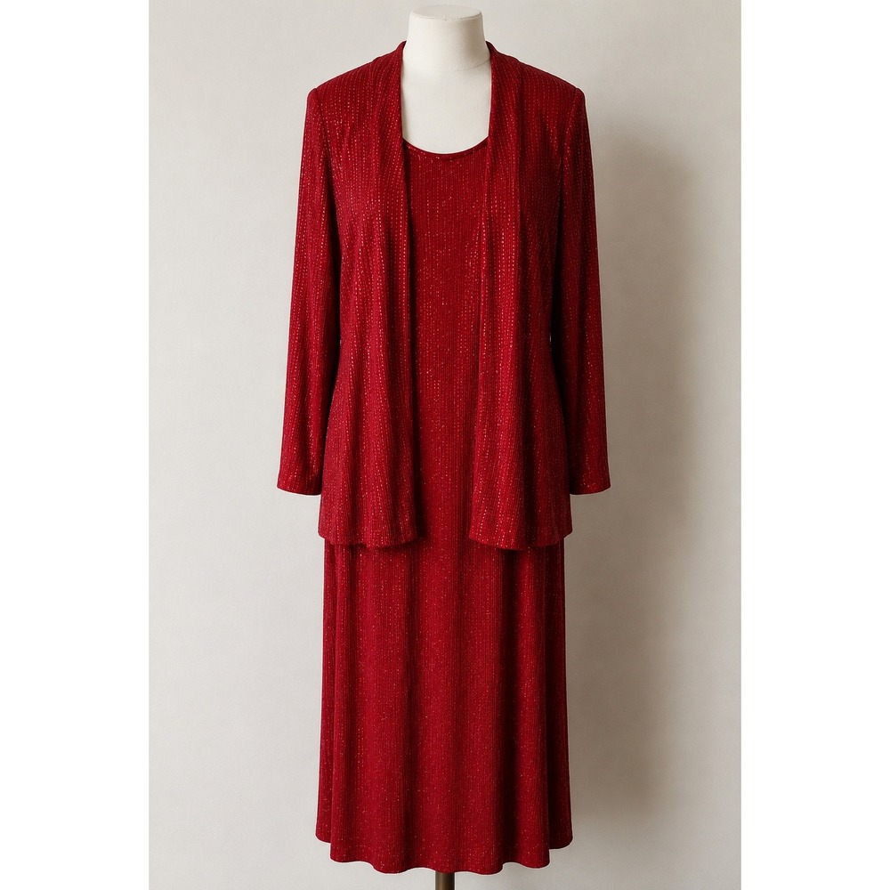 Alex Evenings Red Glitter Knit Maxi Dress and Jacket Set Formal Evening Wear L